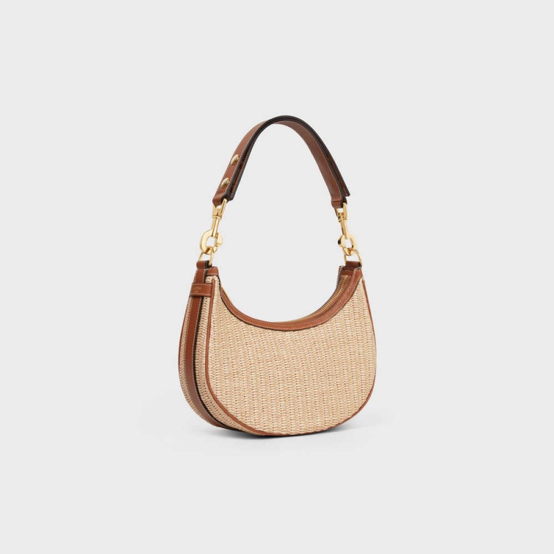 Celine Mediumstrap Bag In Raffia Effect Textil And Calfskin Ava Beige Braun | CL-593100