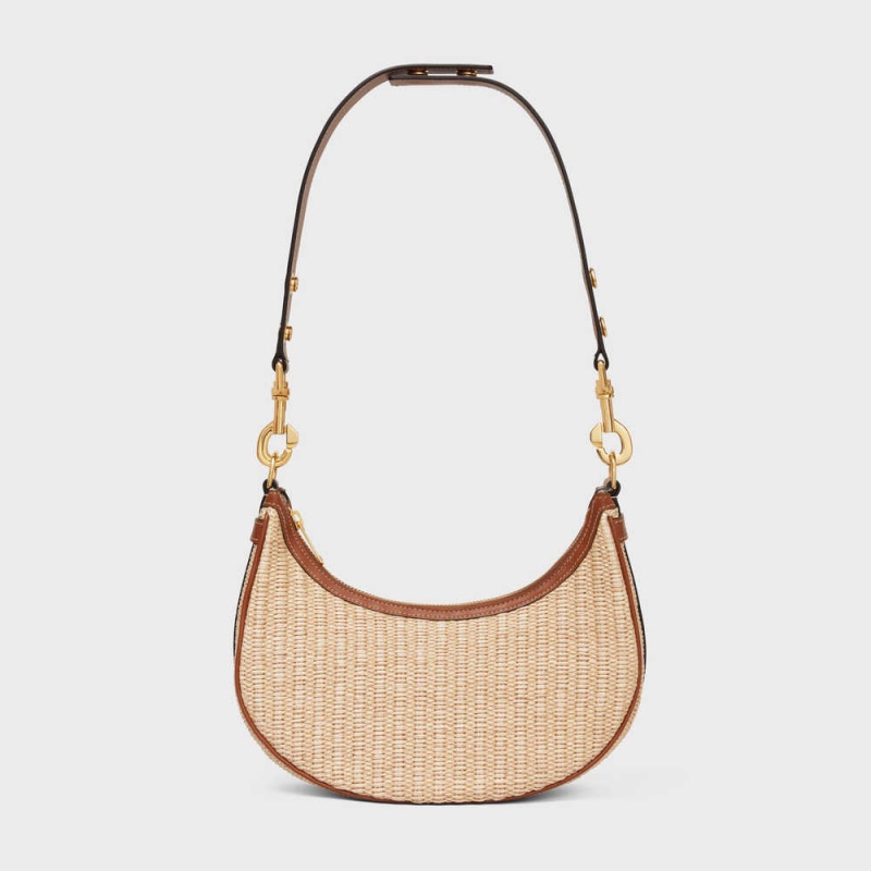 Celine Mediumstrap Bag In Raffia Effect Textil And Calfskin Ava Beige Braun | CL-593100