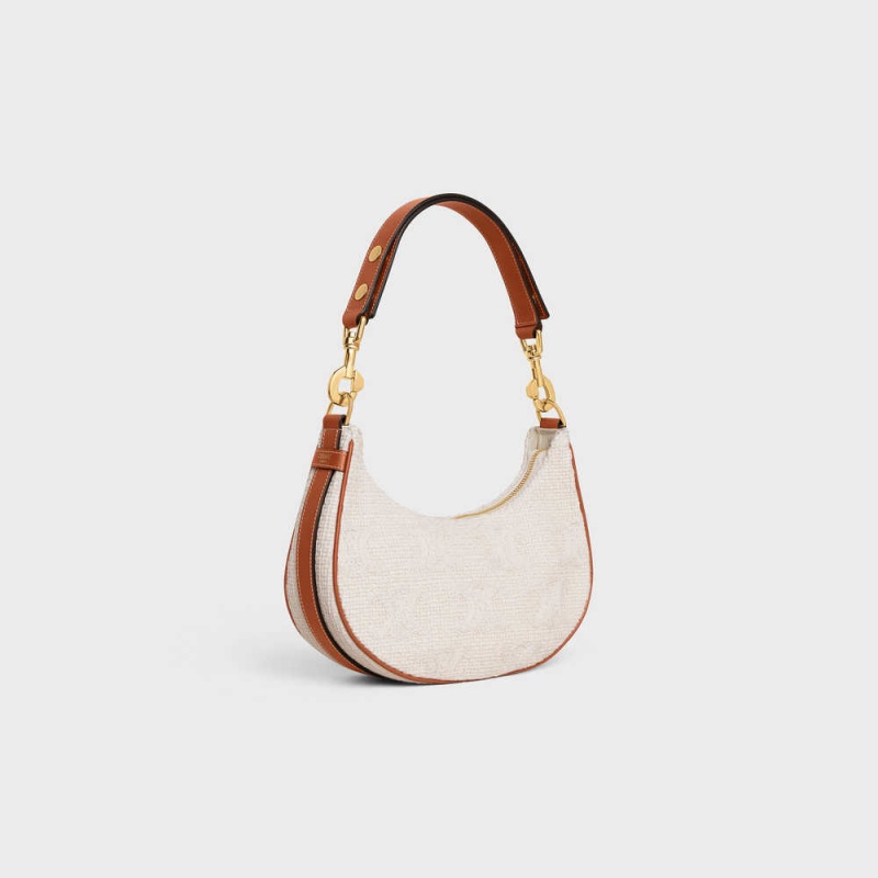 Celine Mediumstrap Bag In Textil With Triomphe Crochet Embroidery Ava Beige Braun | CL-593101