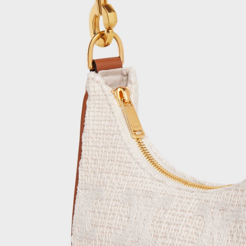 Celine Mediumstrap Bag In Textil With Triomphe Crochet Embroidery Ava Beige Braun | CL-593101