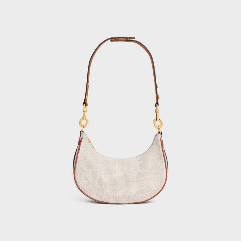 Celine Mediumstrap Bag In Textil With Triomphe Crochet Embroidery Ava Beige Braun | CL-593101