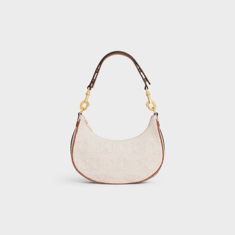 Celine Mediumstrap Bag In Textil With Triomphe Crochet Embroidery Ava Beige Braun | CL-593101