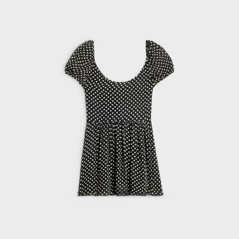 Celine Mini In Silk Georgette Kleid Schwarz Hellgelb | CL-592849