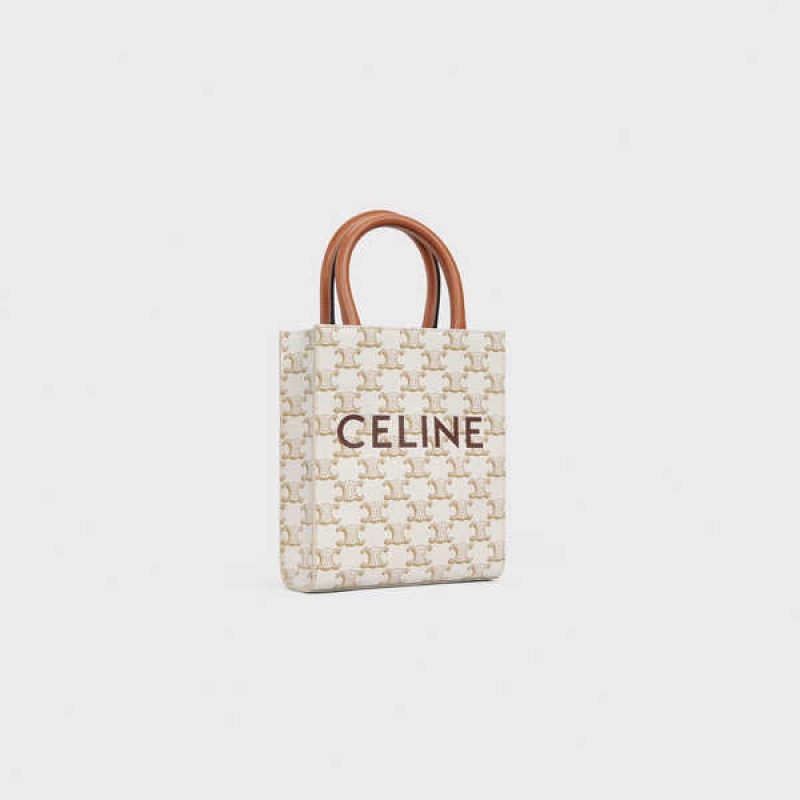 Celine Mini Vertical Cabas In And Calfskin With Print Triomphe Canvas Weiß | CL-593136