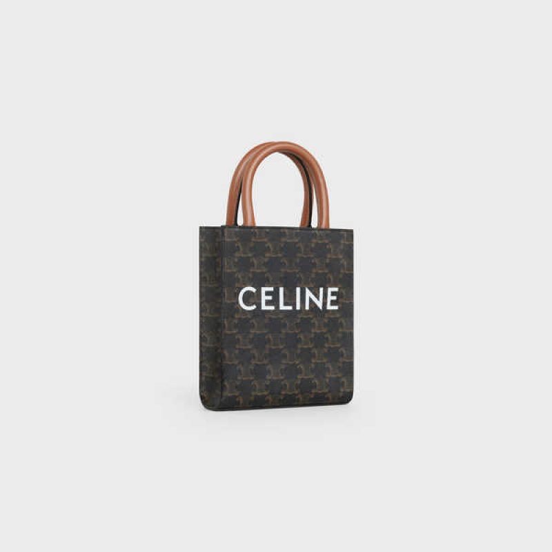 Celine Mini Vertical Cabas In And Calfskin With Print Triomphe Canvas Braun | CL-593134