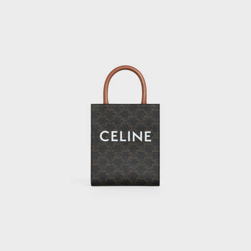 Celine Mini Vertical Cabas In And Calfskin With Print Triomphe Canvas Braun | CL-593134