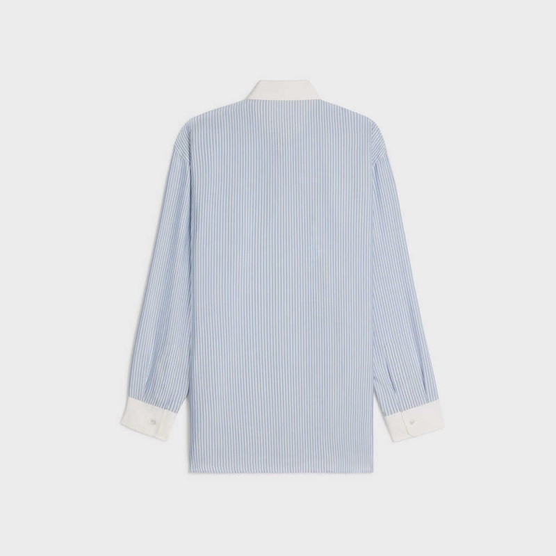 Celine Oversized In Gestreift Silk Hemd Blau | CL-592826