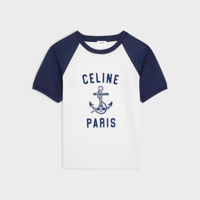 Celine Paris Anchor In Baumwoll Jersey T-shirt Weiß Navy | CL-592784