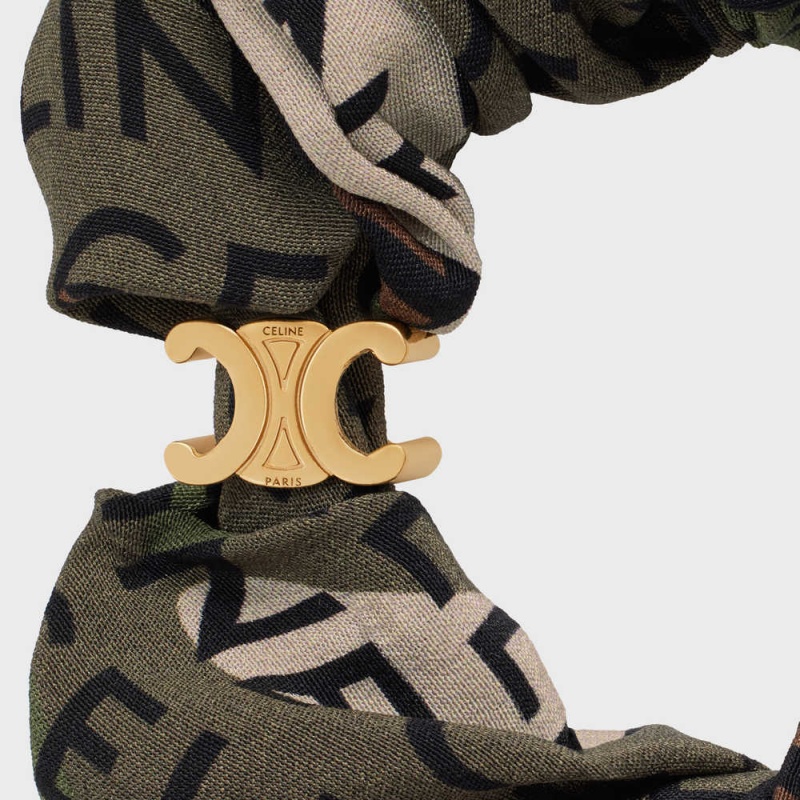 Celine Scrunchy Camouflage In Brass With Gold Finish And Khaki Silk Haarschmuck Gold Khaki | CL-592326