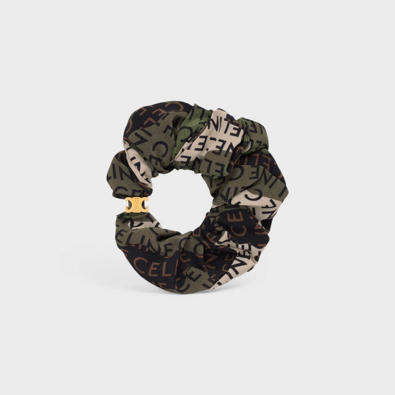 Celine Scrunchy Camouflage In Brass With Gold Finish And Khaki Silk Haarschmuck Gold Khaki | CL-592326