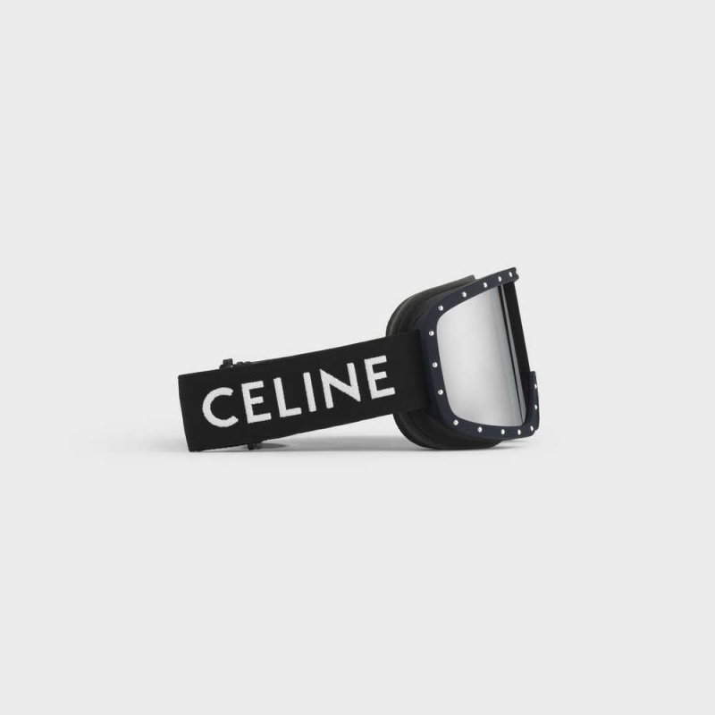 Celine Ski Mask In Plastic With Metal Studs & Mirror Lenses Sonnenbrille Schwarz Schwarz | CL-592441