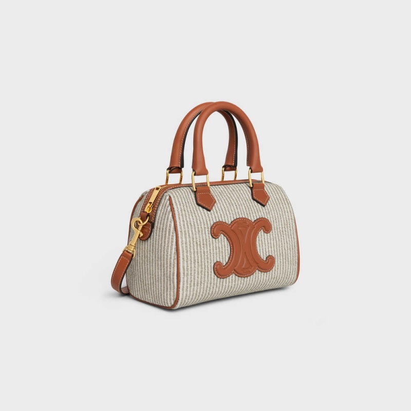 Celine Small Boston In Gestreift Textil And Calfskin Cuir Triomphe Beige | CL-593151