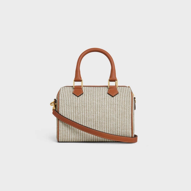 Celine Small Boston In Gestreift Textil And Calfskin Cuir Triomphe Beige | CL-593151