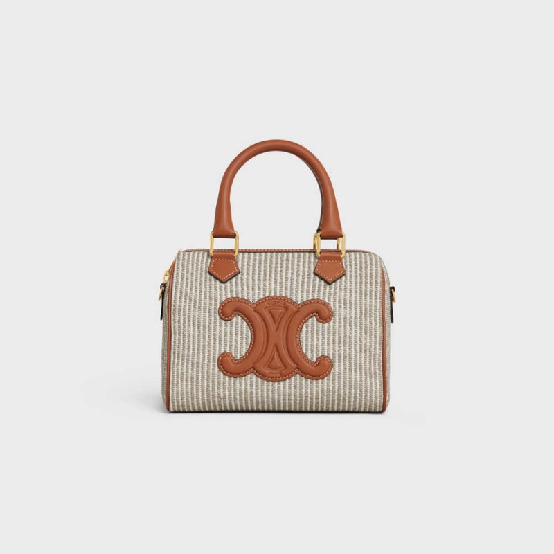 Celine Small Boston In Gestreift Textil And Calfskin Cuir Triomphe Beige | CL-593151