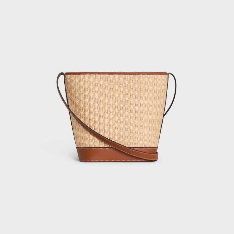 Celine Small Bucket In Raffia Effect Textil And Calfskin Cuir Triomphe Beige Braun | CL-593165