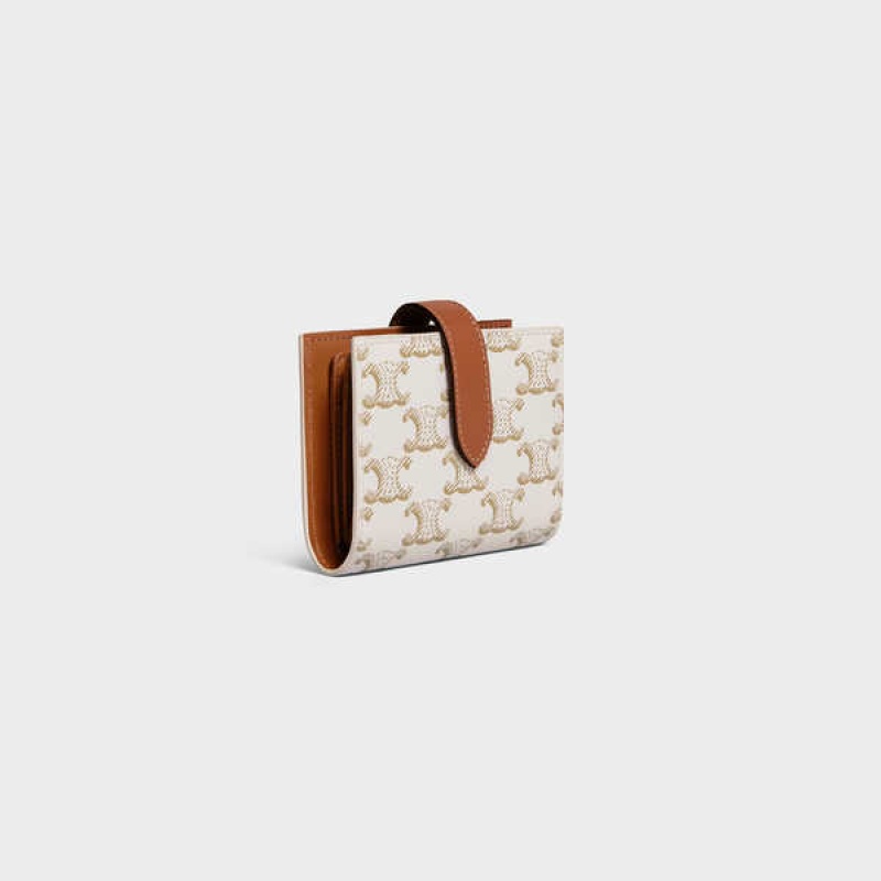 Celine Small Riemen Essentials In Triomphe Canvas And Lambskin Geldbörse Weiß Braun | CL-592988