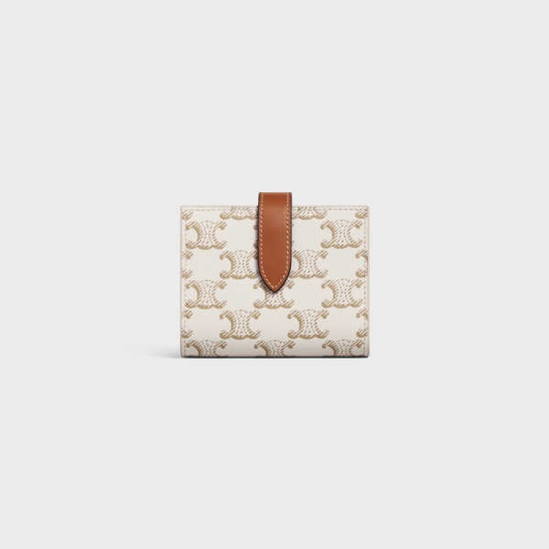 Celine Small Riemen Essentials In Triomphe Canvas And Lambskin Geldbörse Weiß Braun | CL-592988