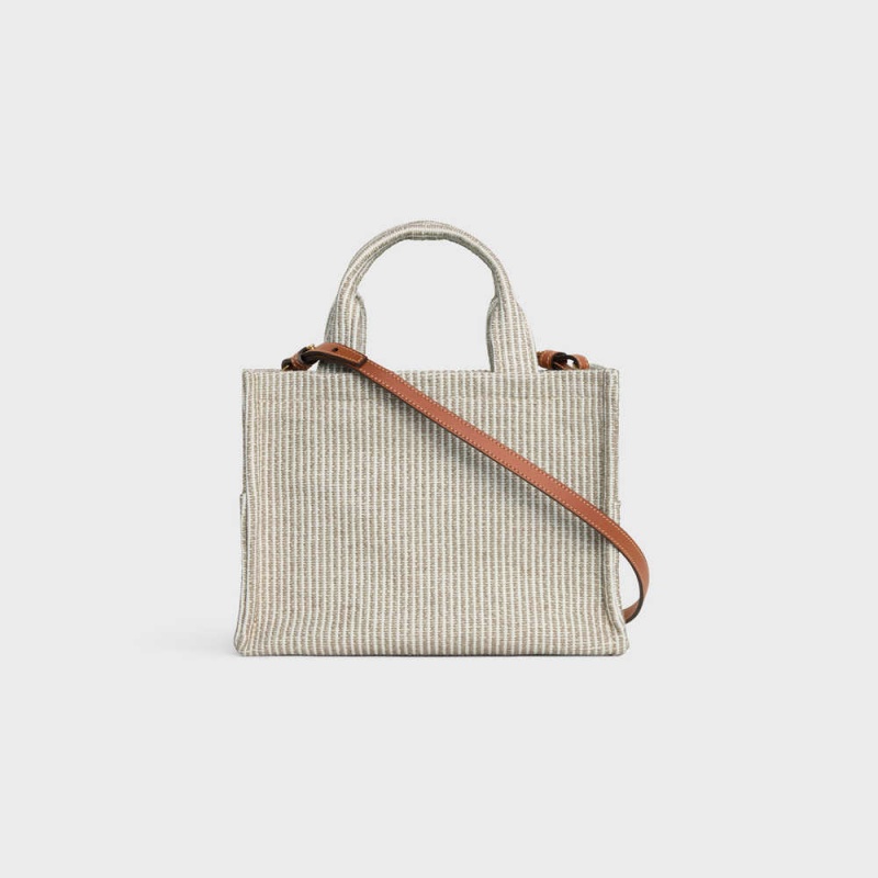 Celine Small Thais In Gestreift Textil Cabas Beige | CL-593076