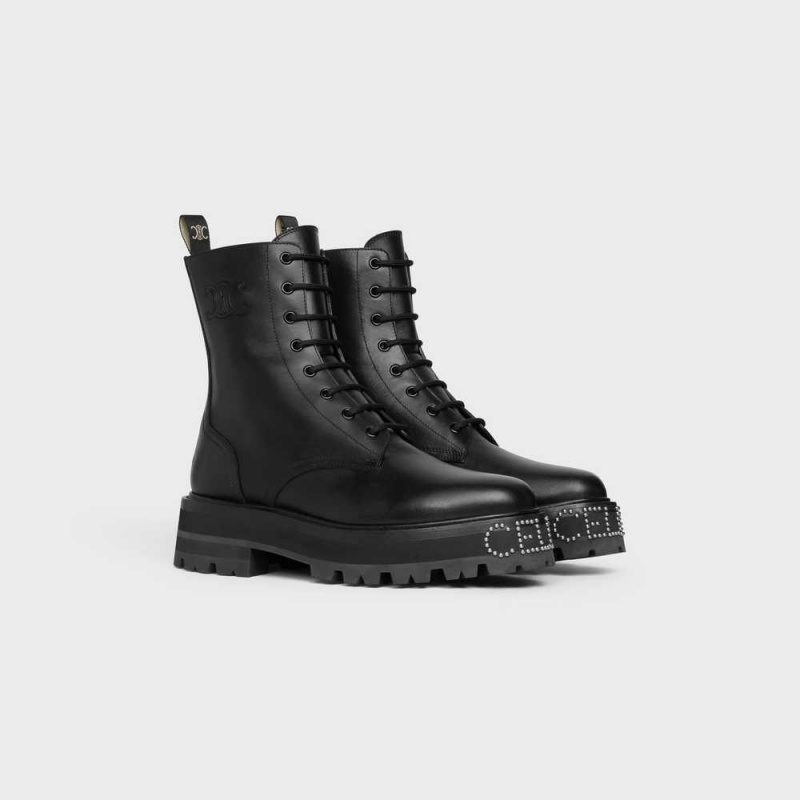 Celine Spitze-up With Triomphe And Studded Outsole Bulky In Shiny Bullskin Stiefel Schwarz | CL-592508