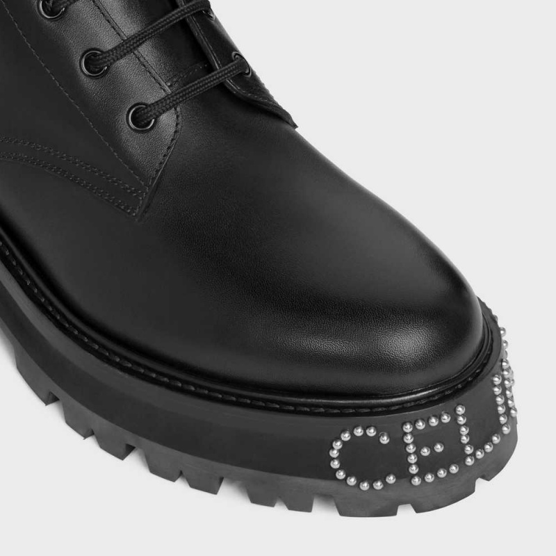 Celine Spitze-up With Triomphe And Studded Outsole Bulky In Shiny Bullskin Stiefel Schwarz | CL-592508