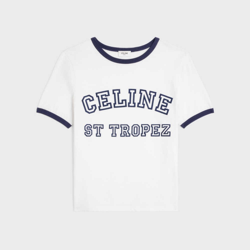 Celine St Tropez 70 S In Baumwoll Jersey T-shirt Weiß Navy | CL-592780