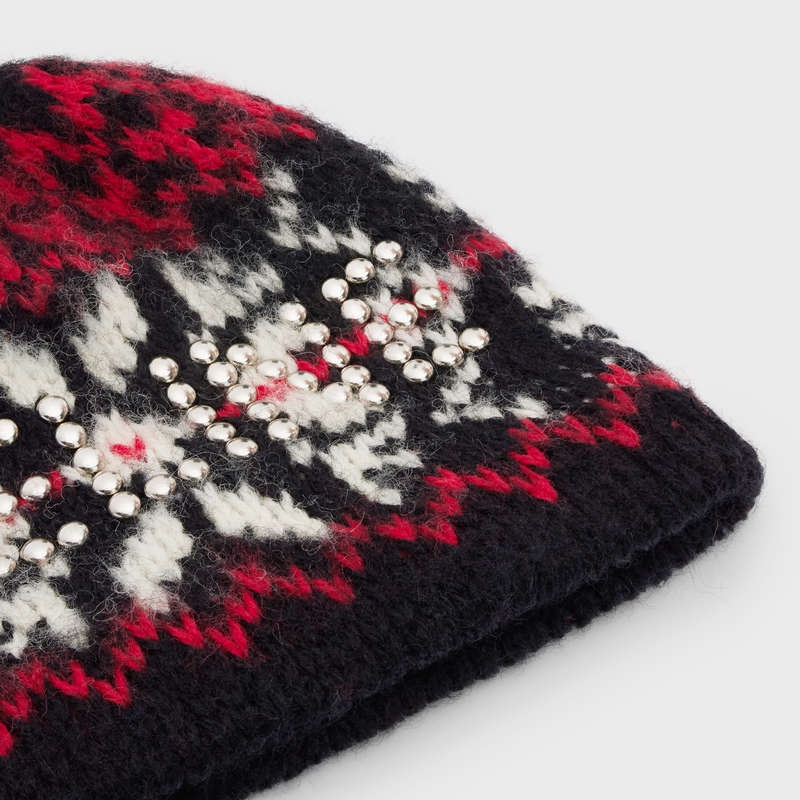 Celine Studs Beanie In Snowflakes Wolle Hut Schwarz Rot Weiß | CL-591719