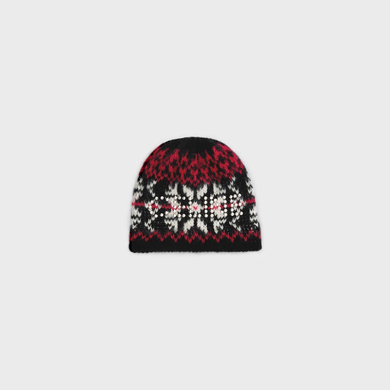 Celine Studs Beanie In Snowflakes Wolle Hut Schwarz Rot Weiß | CL-591719