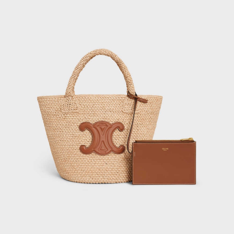 Celine Supple Small Triomphe Klassische In Raffia And Calfskin Panier Braun | CL-593067