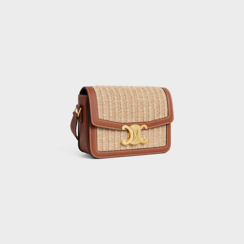 Celine Teen Bag In Raffia Effect Textil And Calfskin Triomphe Beige Braun | CL-593195