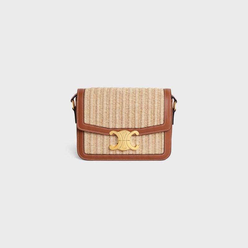 Celine Teen Bag In Raffia Effect Textil And Calfskin Triomphe Beige Braun | CL-593195