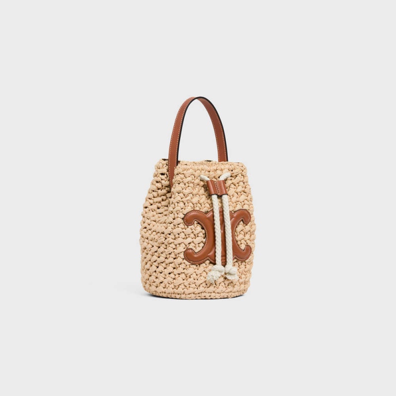 Celine Teen Drawstring In Raffia And Calfskin Panier Beige Braun | CL-593071