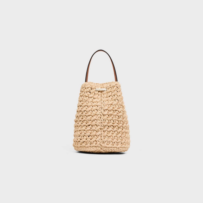 Celine Teen Drawstring In Raffia And Calfskin Panier Beige Braun | CL-593071