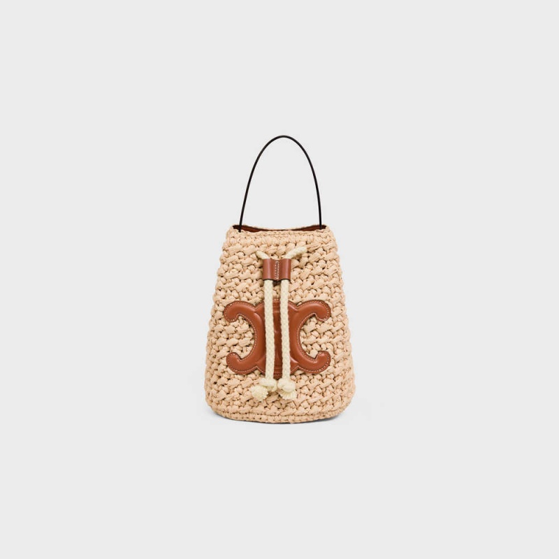 Celine Teen Drawstring In Raffia And Calfskin Panier Beige Braun | CL-593071