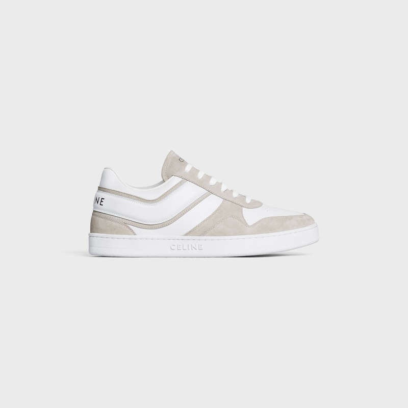 Celine Trainer Low Spitze-up In Wildleder Calfskin And Calfskin Sneakers Hellbeige Weiß | CL-591902