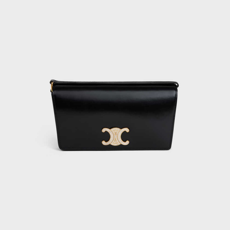 Celine Trapeze Bag With Strass Closure In Shiny Calfskin Triomphe Schwarz | CL-593249