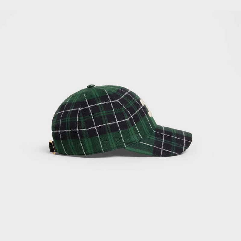 Celine Triomphe Baseball In Checked Flannel Kappe Grün Schwarz | CL-592359