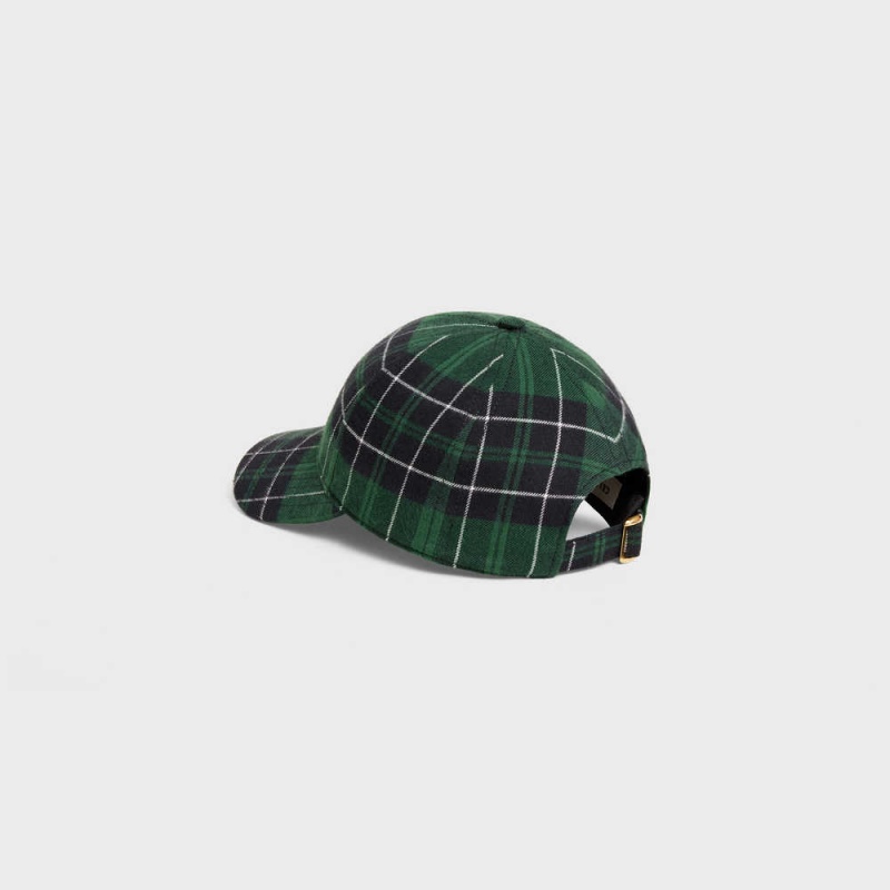 Celine Triomphe Baseball In Checked Flannel Kappe Grün Schwarz | CL-592359