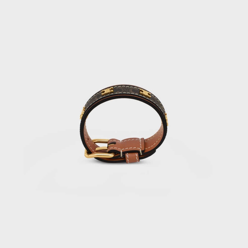 Celine Triomphe Canvas Triomphe Leder In Brass With Gold Finish Armbänder Gold Braun | CL-592222