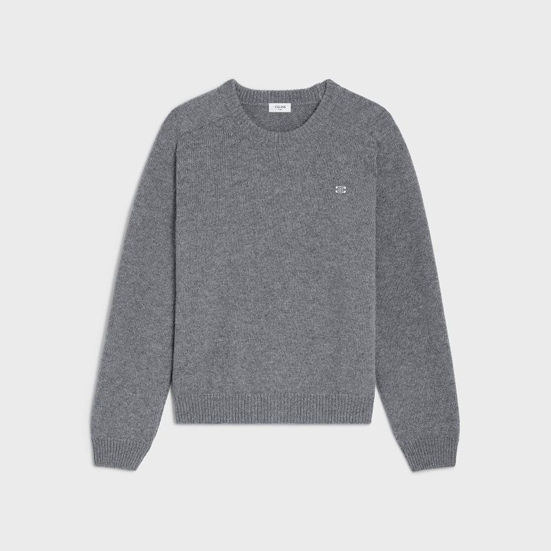 Celine Triomphe Crew Neck In Cashmere Wolle Strickwaren Grau Weiß | CL-592098