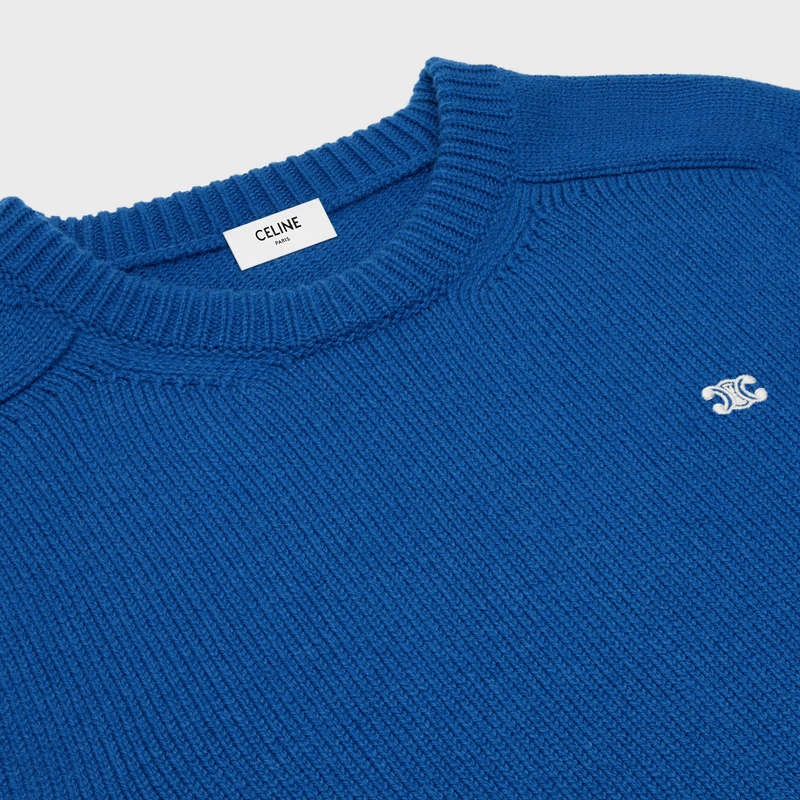 Celine Triomphe Crew Neck In Cashmere Wolle Strickwaren Königsblau Blau | CL-592097