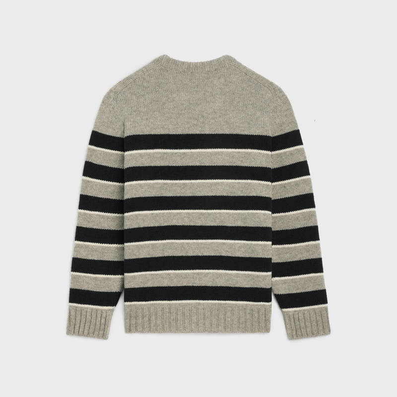 Celine Triomphe Crew Neck In Gestreift Wolle Strickwaren Hellgrau Schwarz | CL-592100