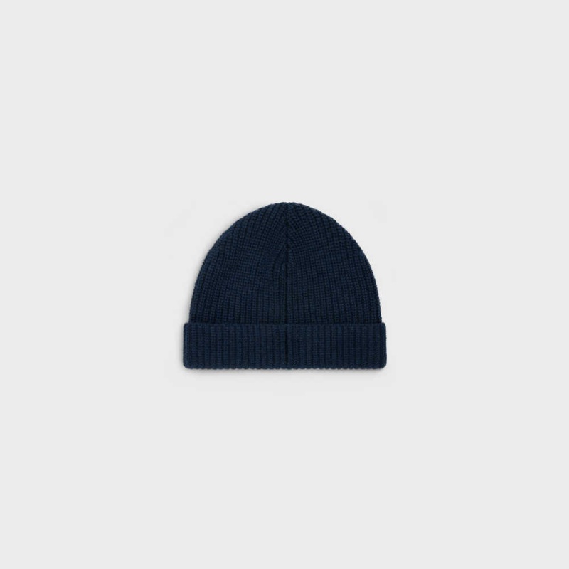 Celine Triomphe Embroidered Beanie In Heritage Cashmere Hut Navy | CL-592371