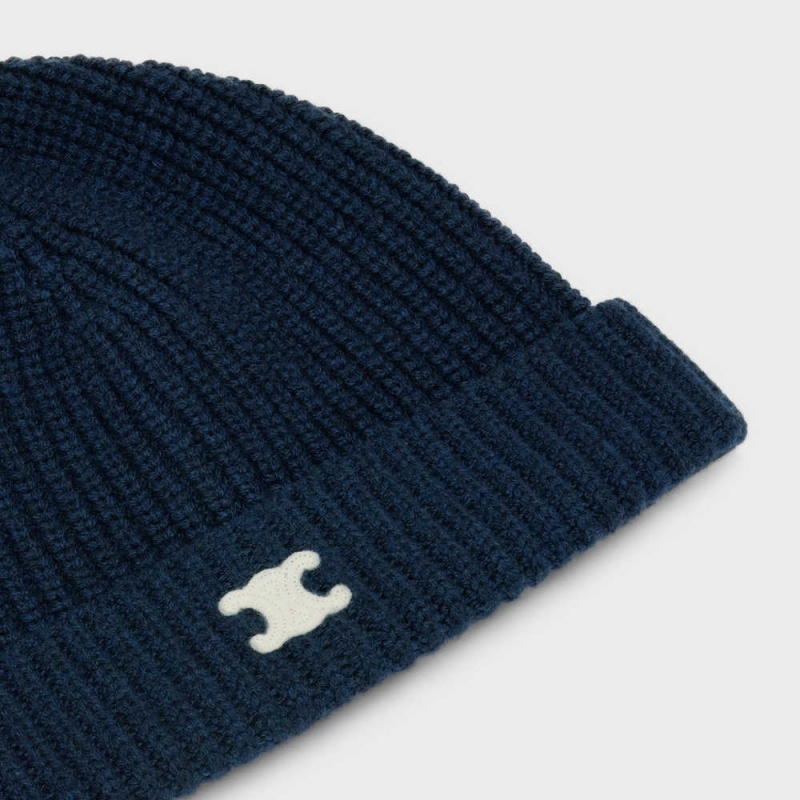 Celine Triomphe Embroidered Beanie In Heritage Cashmere Hut Navy | CL-592371