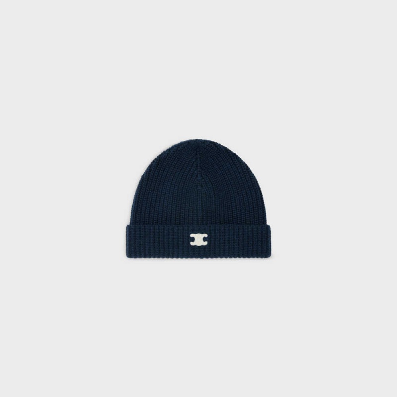 Celine Triomphe Embroidered Beanie In Heritage Cashmere Hut Navy | CL-592371