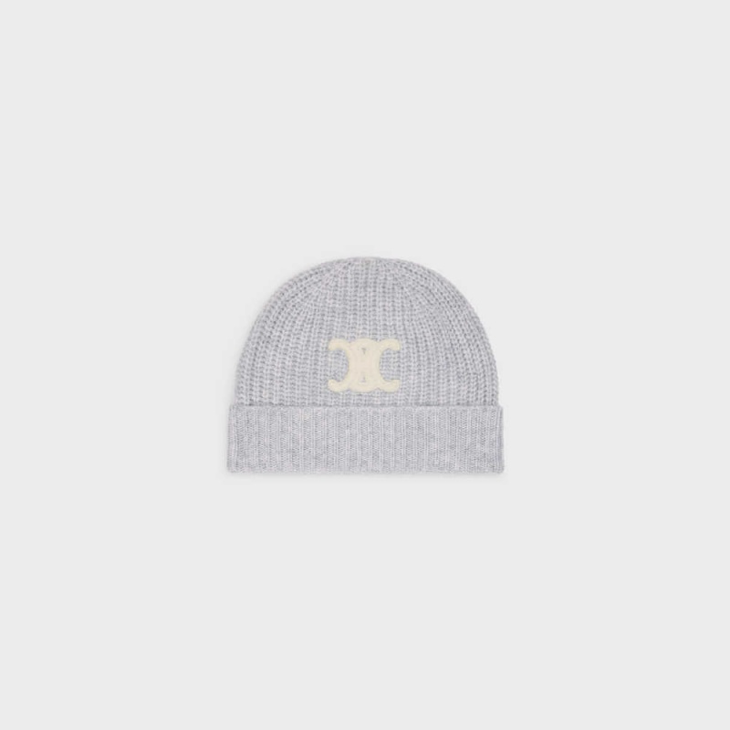 Celine Triomphe Embroidered Beanie In Seamless Cashmere Hut Hellgrau | CL-592370