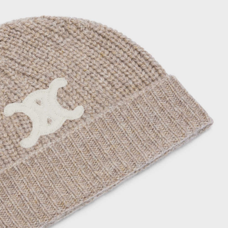 Celine Triomphe Embroidered Beanie In Seamless Cashmere Hut Braun | CL-592369