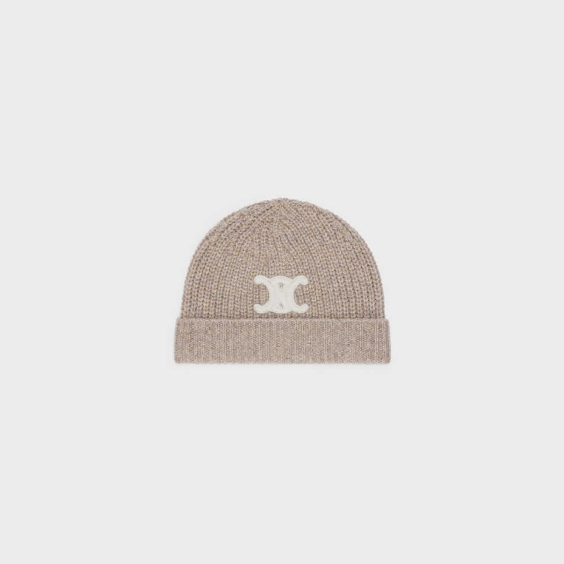 Celine Triomphe Embroidered Beanie In Seamless Cashmere Hut Braun | CL-592369