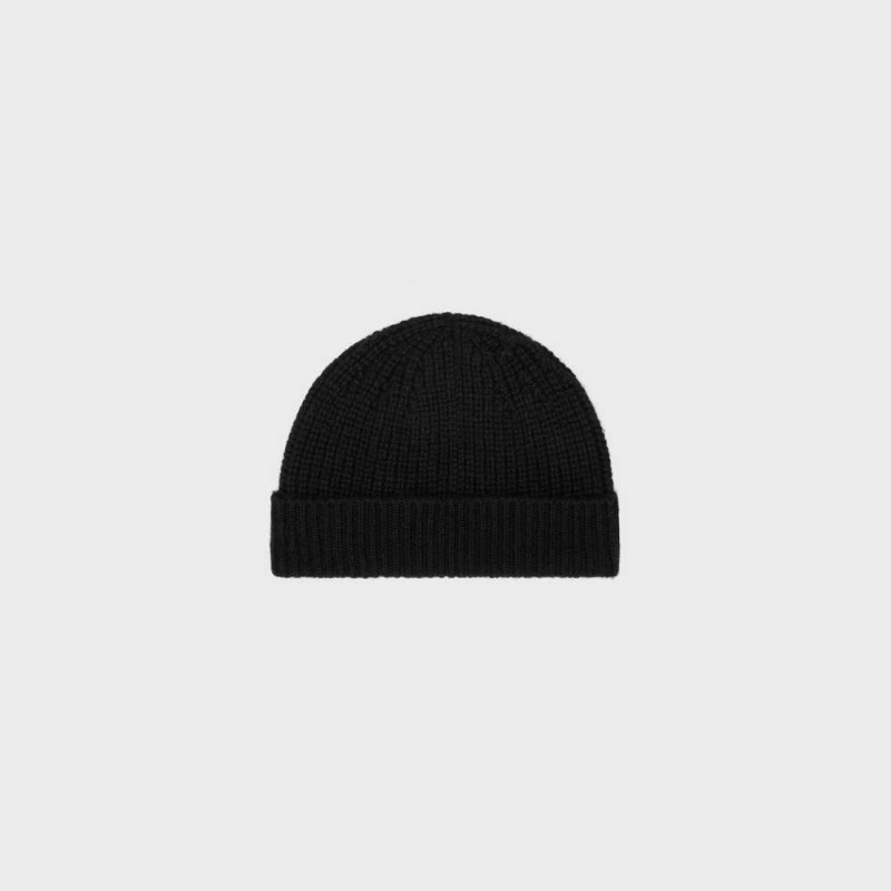 Celine Triomphe Embroidered Beanie In Seamless Cashmere Hut Schwarz | CL-592368