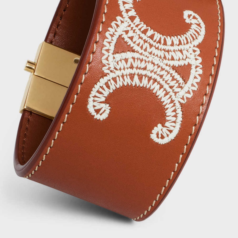 Celine Triomphe Embroidered Leder In Brass With Gold Finish And Calfskin Armbänder Braun | CL-592203