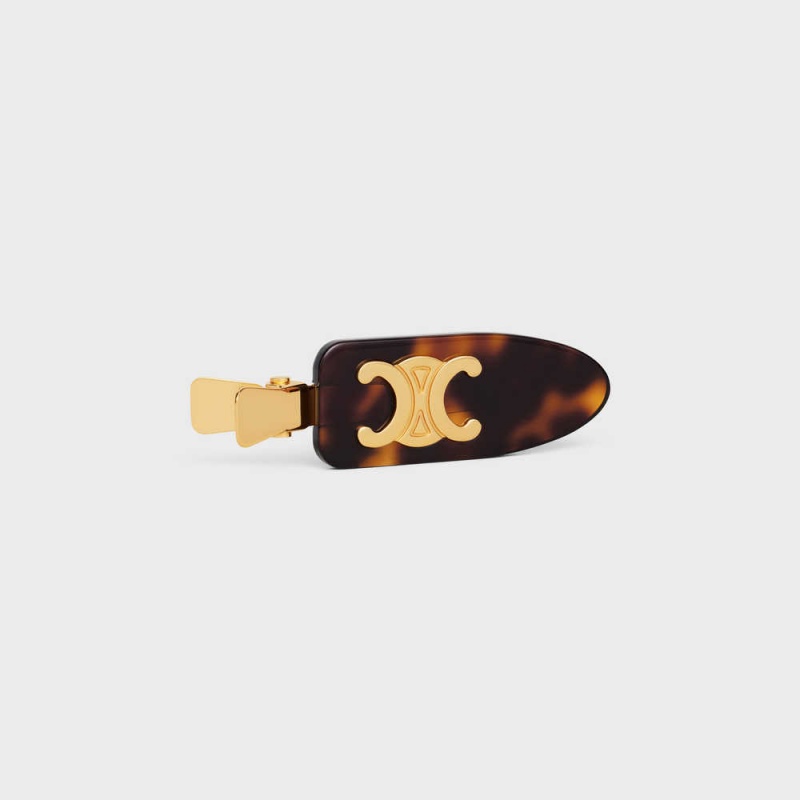 Celine Triomphe Flache Hair Clip In Dark Havana Acetate And Brass With Gold Finish And Steel Haarschmuck Gold | CL-592322